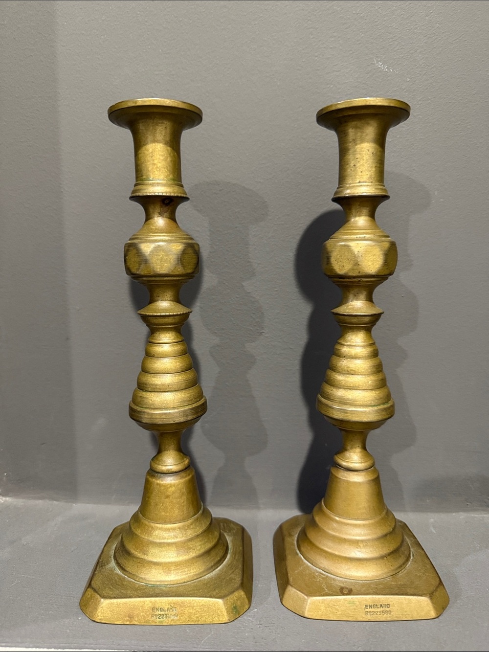 Nice Pair of Antique Solid Brass Victorian Beehive Candlesticks